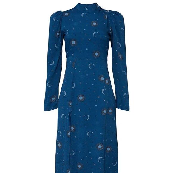 Rahi Moonlight Fallon Moon and Sun Print Blue Slit Long Sleeve Maxi Dress S NWT - Picture 3 of 9
